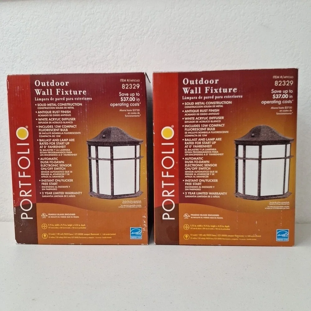 2 Portfolio Outdoor Wall Lanterns Light Fixtures Metal Rust Finish Photo Sensor